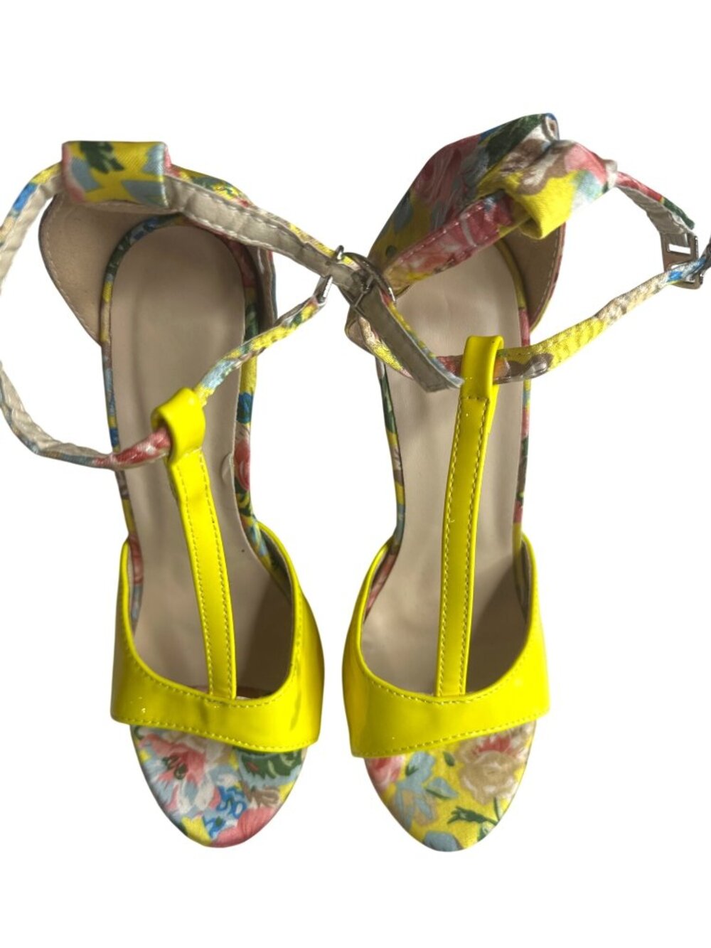 Yellow Floral T-Strap High Heels With Ankle Strap & 4.5" Stiletto Heel